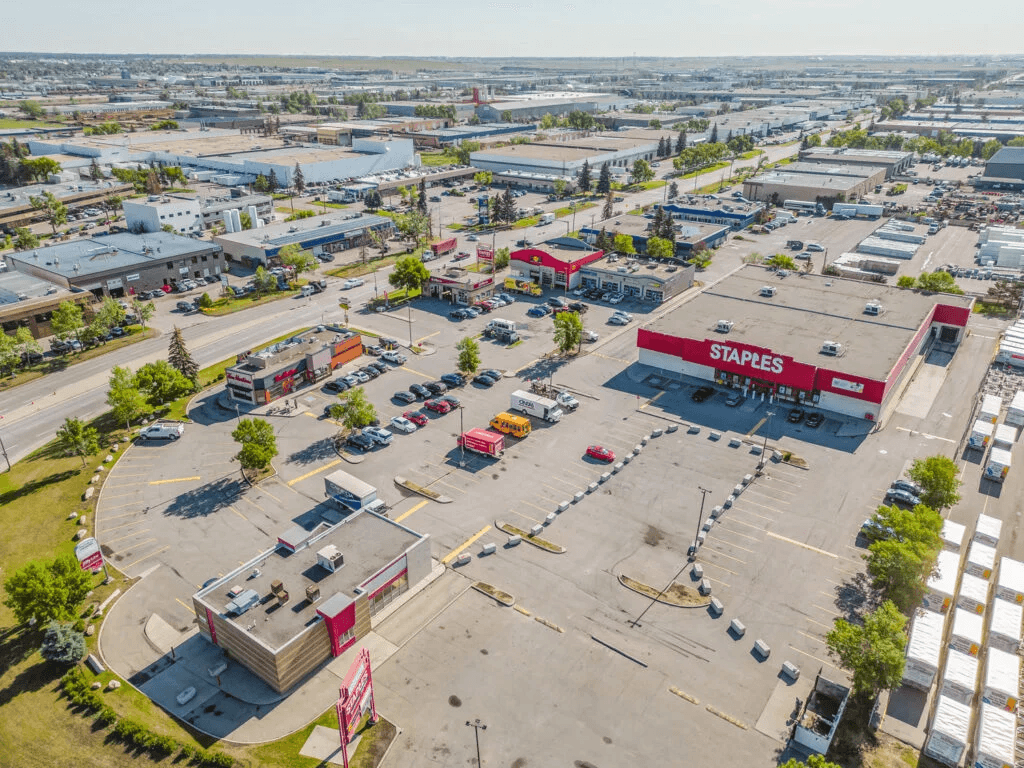Exterior of Foothills Crossing retail centre at a southwest Calgary intersection.