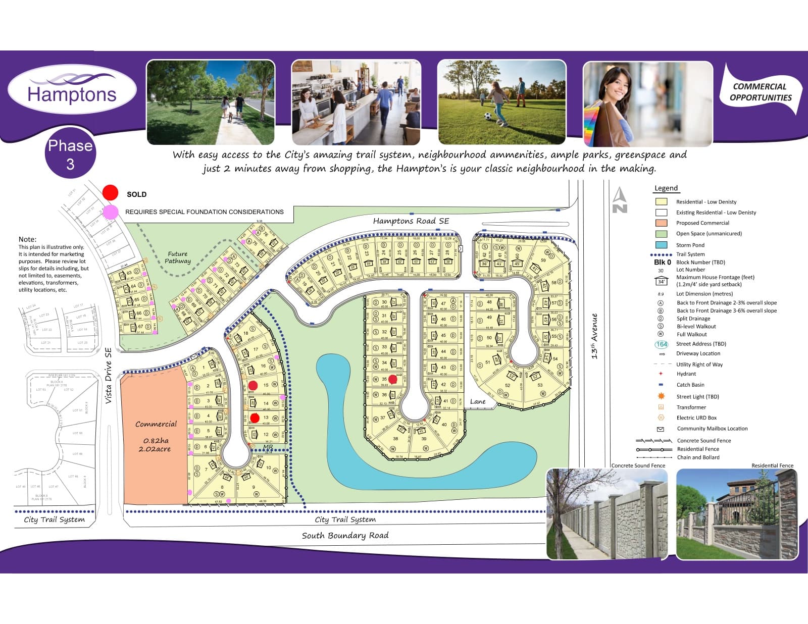Sales map for Hamptons Phase 3 in Medicine Hat, showing the lot layout, the neighbourhood commercial parcel, and lots already sold.