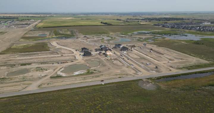 Aerial view of the Hollins and Halstead lands north of East Hills in east Calgary.